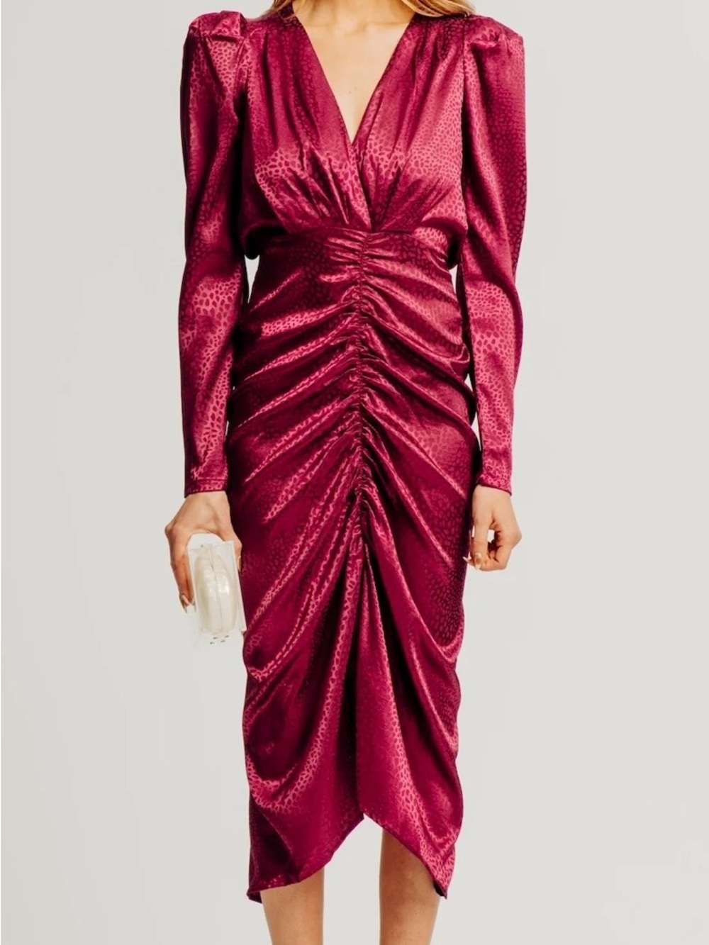 Torn by Ronny Kobo Burgundy Ruched Satin V-Neck Midi -Astrid Dress